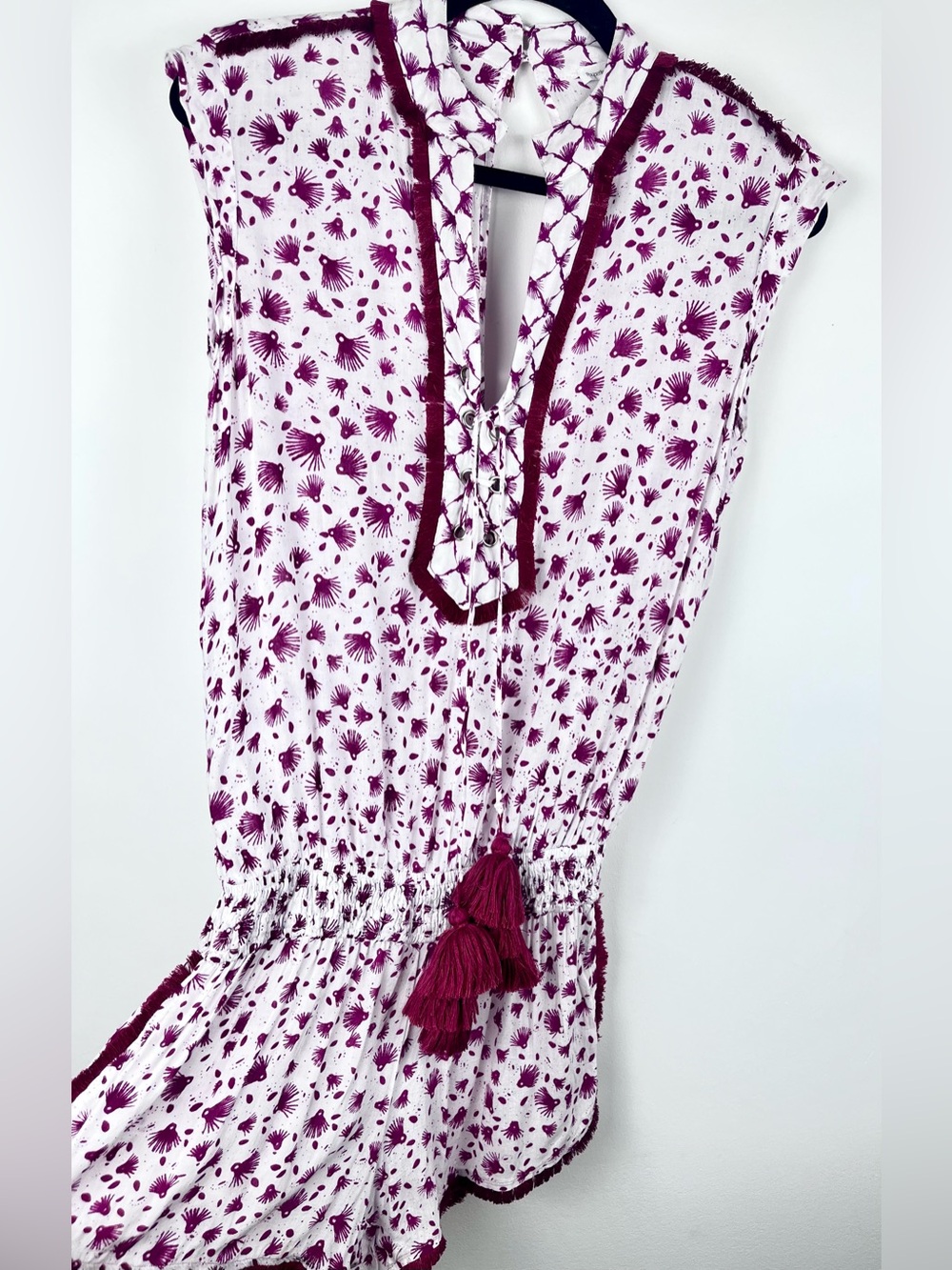 Poupette St. Barth XS White Magenta Tassel Fringe Romper Boho Resort Coverup